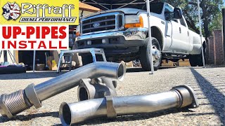 2001 F350 73  RiffRaff UpPipes Install  Stock up pipes leaking and falling apart JUNK SP [upl. by Ecnarrot]